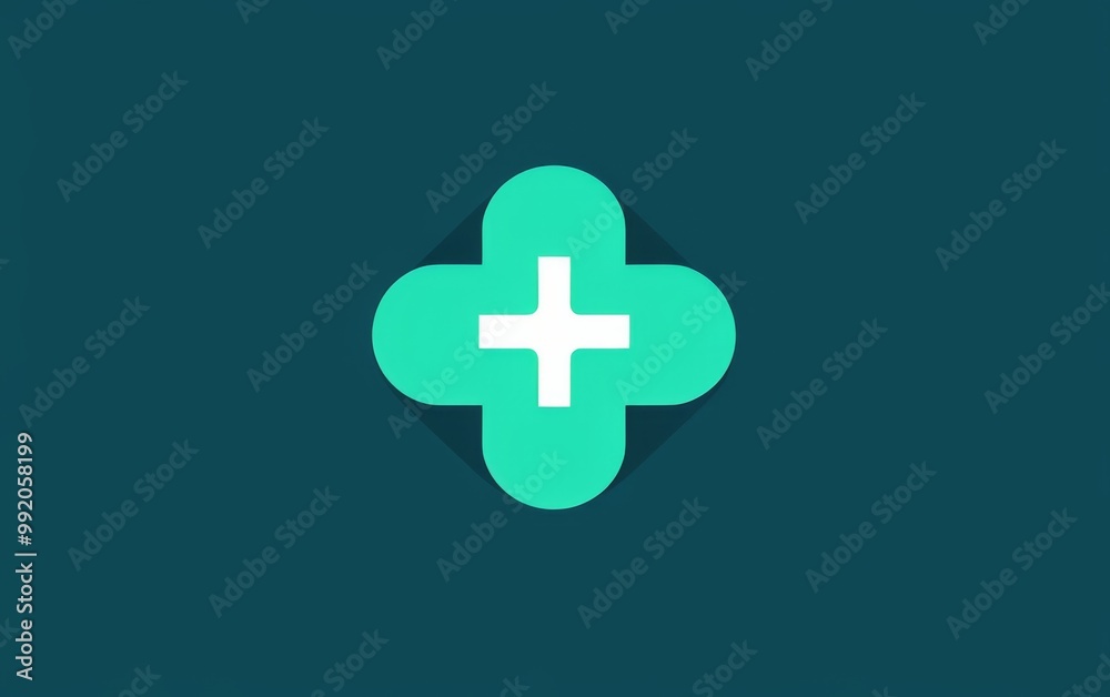 Obraz premium Minimalist logo with a symmetrical medical cross, featuring a blend of blue and green, flat vector design, and solid background, ideal for healthcare branding.