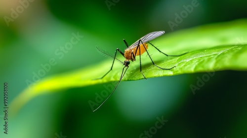 Disease-Bearing Insect: Mosquito Macro Shot Against Blurred Rainforest Background