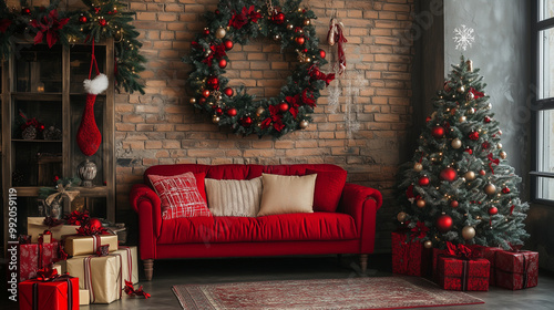 living room with christmas tree, Generative AI