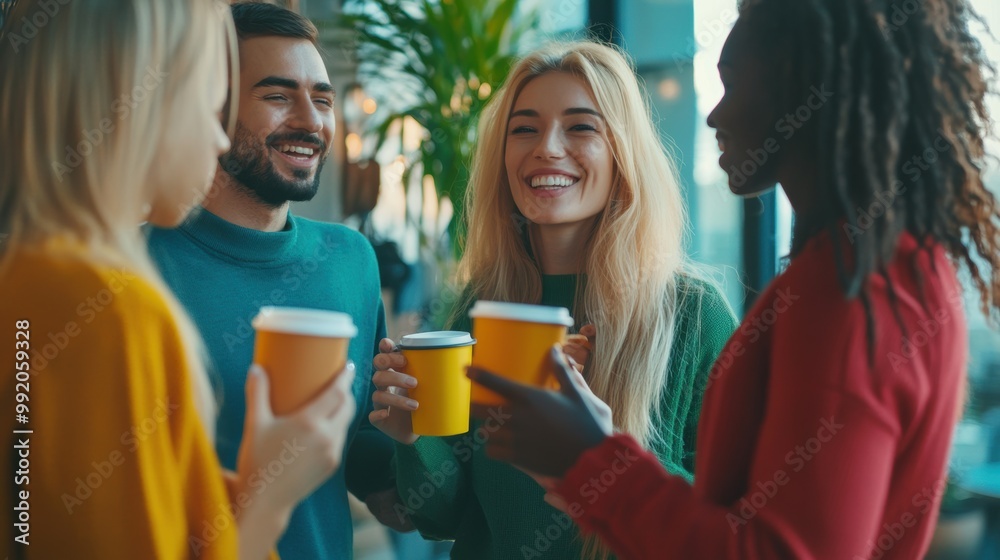 Obraz premium Group of friends enjoying coffee together in cafe