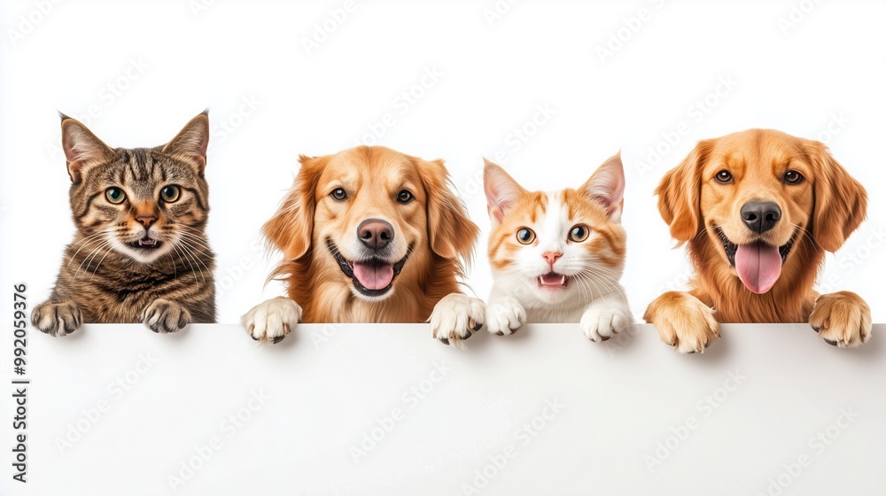 Cute dog and cat with paws on the edge isolated Cute dog and cat with paws on the edge isolated