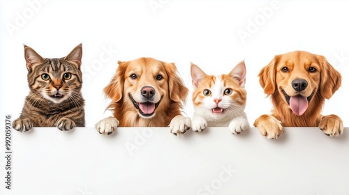 Cute dog and cat with paws on the edge isolated
