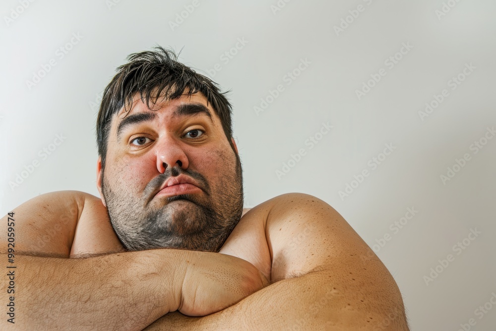 Obraz premium Humorous fat man exercising to lose weight, funny weight loss concept.