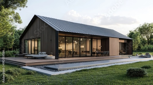 Wallpaper Mural Modern minimalist ranch style private house with mono pitch roof Walls decorated with timber wood cladding Residential architecture exterior Torontodigital.ca