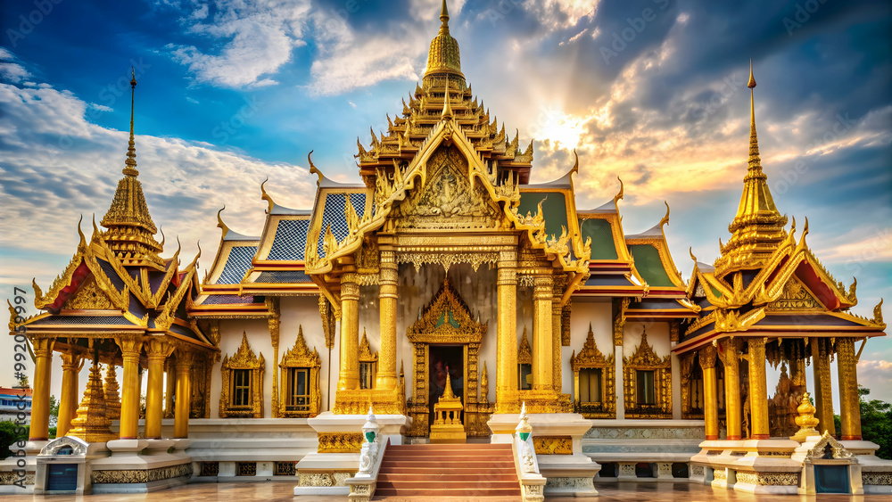 Fototapeta premium Intricate golden temple with ornate decorations in Bangkok, Thailand, Temple, Emerald Buddha, Thailand, Bangkok