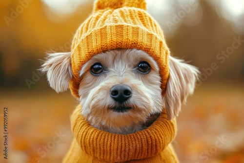 adorable dog in cozy attire creates a warm autumn vibe photo