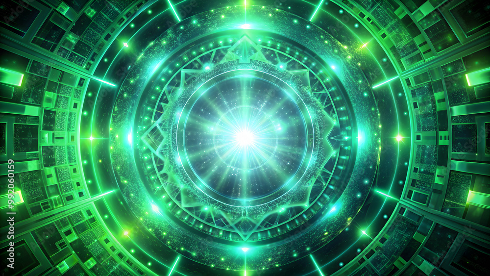 Obraz premium Alien stargate glowing green vortex with geometric alien architecture, stargate, glowing, green, vortex