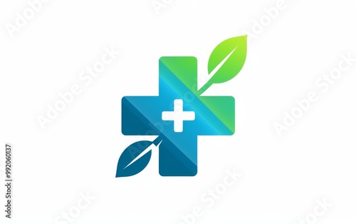  blue and green logo with a medical cross inside a circle, simple and clean design for a business logo on a white background.