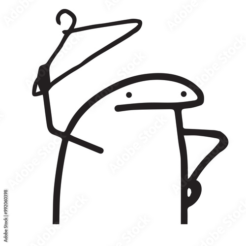 simple black cute cartoon character stick holding a clothes hanger in his hand