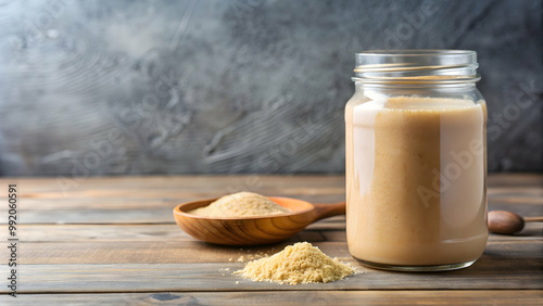 Sattu smoothie in a glass jar, nutritious sattu flour smoothie, healthy, drink, beverage, organic, homemade photo