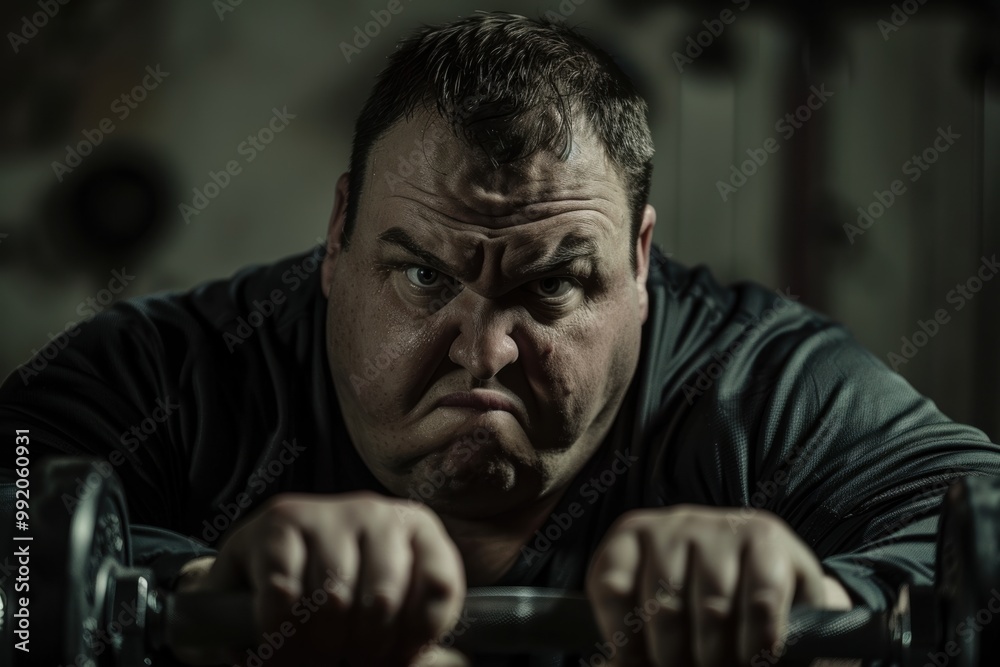 Overweight man in gym struggling to exercise, weight loss concept humor. Overweight man in gym struggling to exercise, weight loss concept humor.