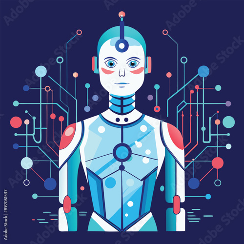  A humanoid robot or digital avatar with data flowing through its body, representing AI processing information.