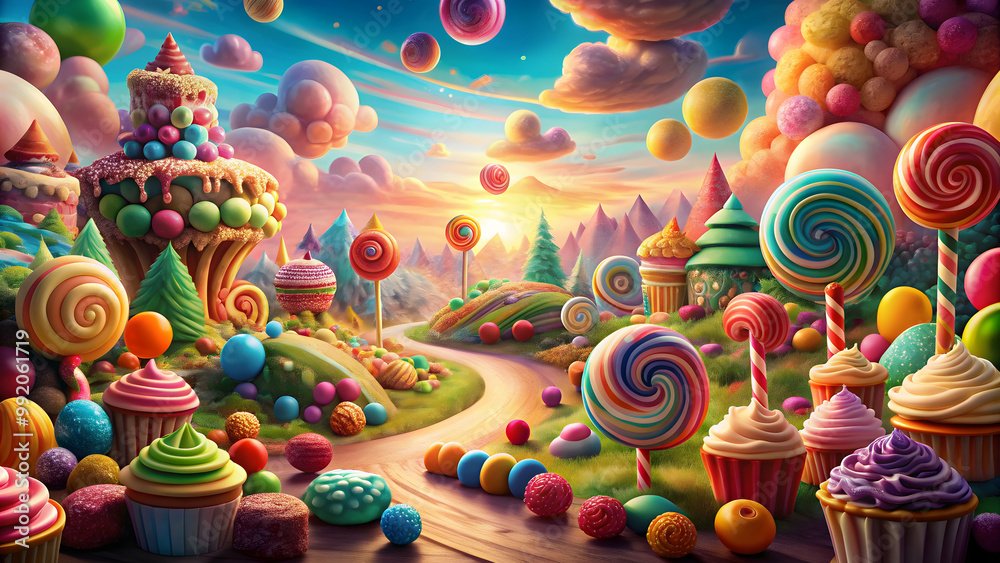 Fantasy landscape made of surreal candies and sweets, fantasy, landscape, surreal, candies, sweets, colorful, whimsical Fantasy landscape made of surreal candies and sweets, fantasy, landscape, surreal, candies, sweets, colorful, whimsical