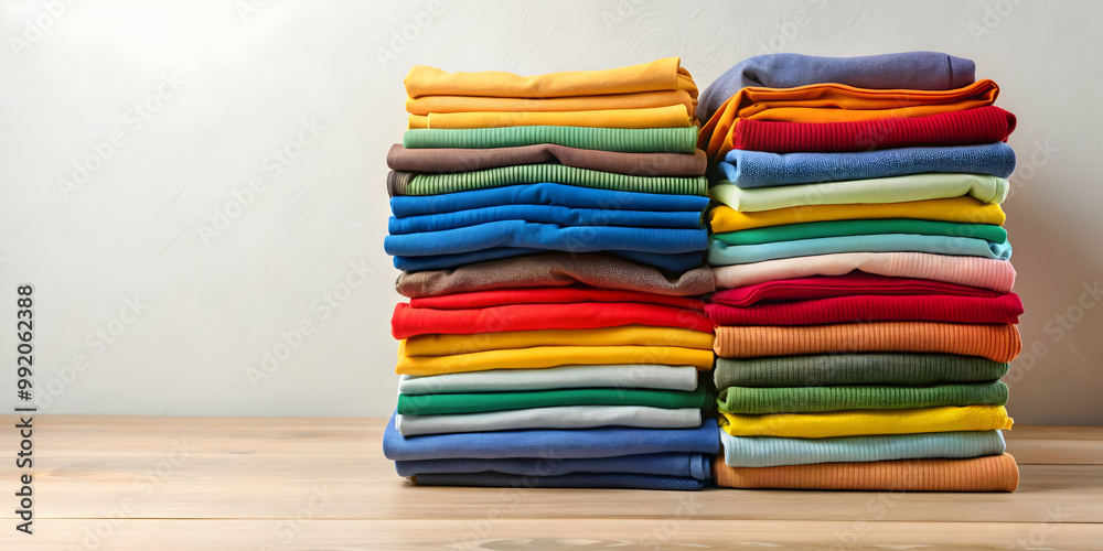 A neatly folded stack of various colored clothes, stack, clothes, folded, neat, organized, clothing, apparel, fashion A neatly folded stack of various colored clothes, stack, clothes, folded, neat, organized, clothing, apparel, fashion