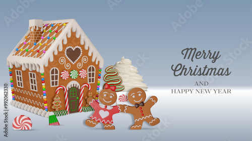 christmas banner with 3d gingerbread house and sweets. christmas greeting card with 3d gingerbread cookies and candies