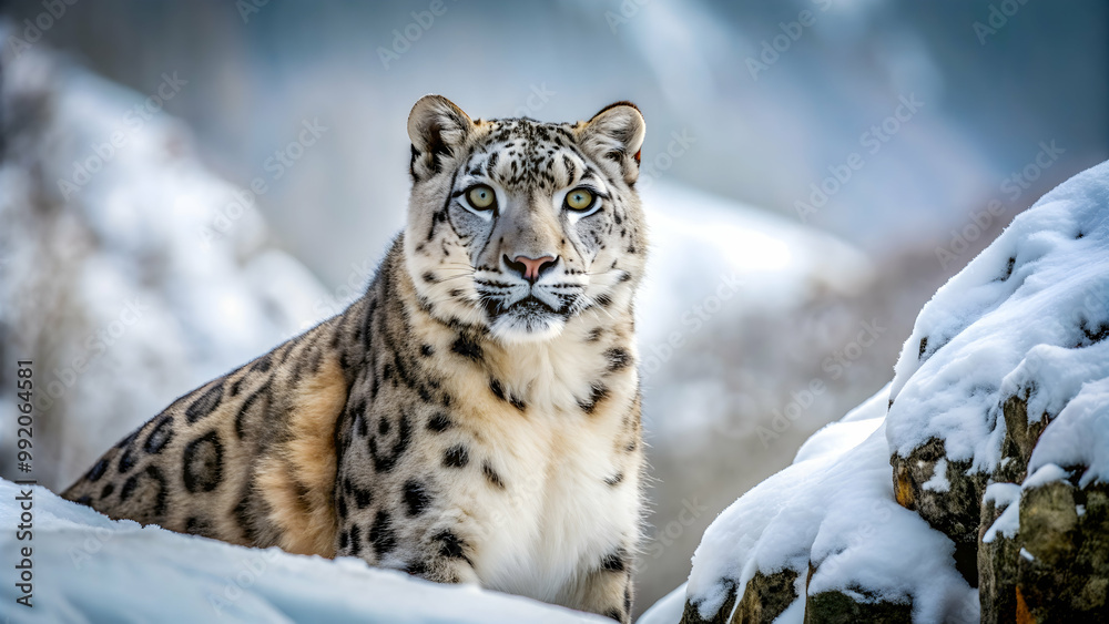 Fototapeta premium A stunning snow leopard with striking fur patterns blending into the snowy mountain landscape , wildlife