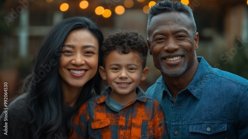 Multicultural family portrait with mixed-race parents and children: A family portrait of a mixed-race couple and their children, standing together in a warm, welcoming home