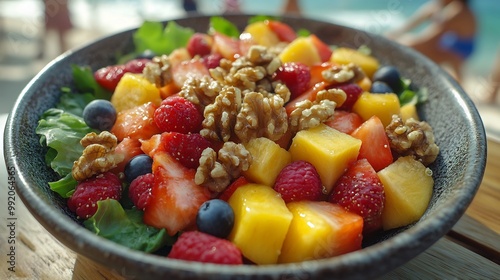 Nance fruit salad fresh greens quinoa walnuts served at a bright outdoor caf with beachgoers and ocean waves softly blurred behind promoting a fresh balanced meal Scientific name Byrsonima crassifolia photo