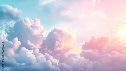 Blue and pink sky with fluffy clouds moving gently.