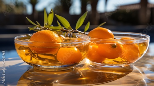 Nance fruit floating crystalclear glass bowl bright poolside table reflection of tropical plant sun umbrella softly blurred behind promoting refreshing vacation vibe Scientific name Byrsonima photo