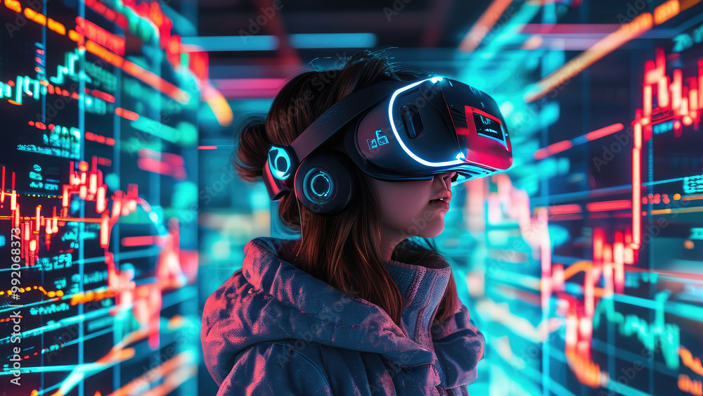 Financial Charts and Cryptocurrency Symbols: People Engaged in VR Headsets Financial Charts and Cryptocurrency Symbols: People Engaged in VR Headsets
