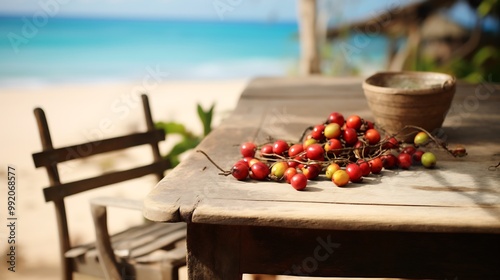 Nance fruits scattered across bright outdoor caf table lively beachfront market surfboards and tropical plants softly blurred behind promoting a fun laidback vibe Scientific name Byrsonima crassifolia photo