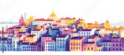 lisbon (portugal) skyline, night, abstract illustration in the style of an explainer video, geometrical shapes and lines only, low detail, white background