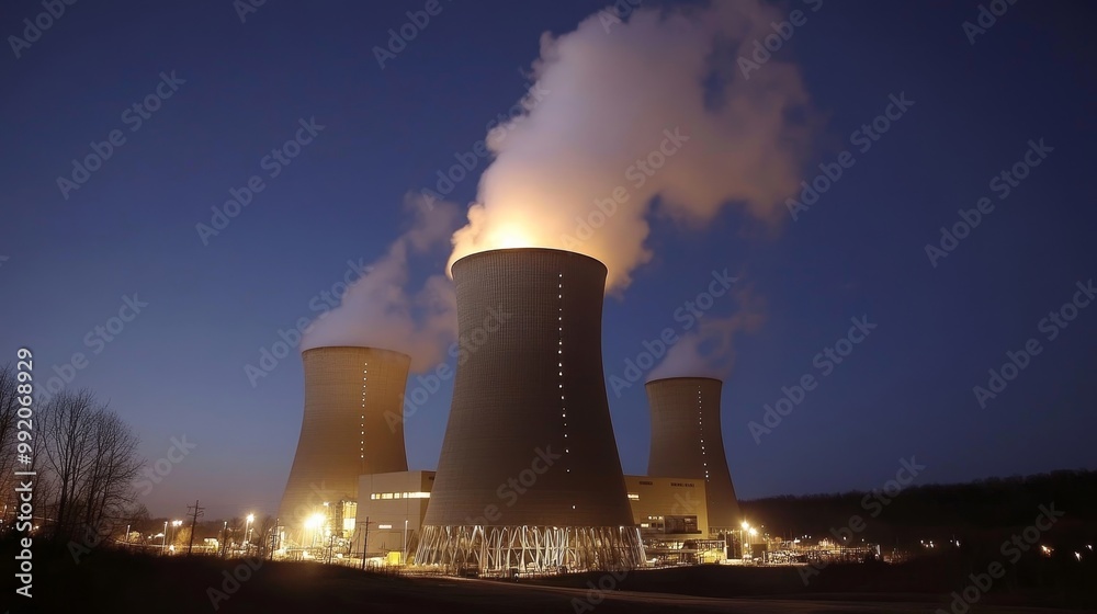 Futuristic Nuclear Power Plant - A futuristic nuclear power plant stands tall against the night sky, its cooling towers creating a dramatic and ethereal atmosphere. Futuristic Nuclear Power Plant - A futuristic nuclear power plant stands tall against the night sky, its cooling towers creating a dramatic and ethereal atmosphere.