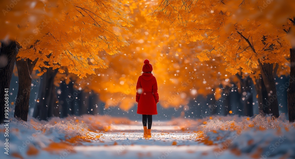 Girl in red walks along the path, which is covered with snow and tree branches, surrounded by trees with yellow leaves, creating an atmosphere of tranquility and harmony Girl in red walks along the path, which is covered with snow and tree branches, surrounded by trees with yellow leaves, creating an atmosphere of tranquility and harmony