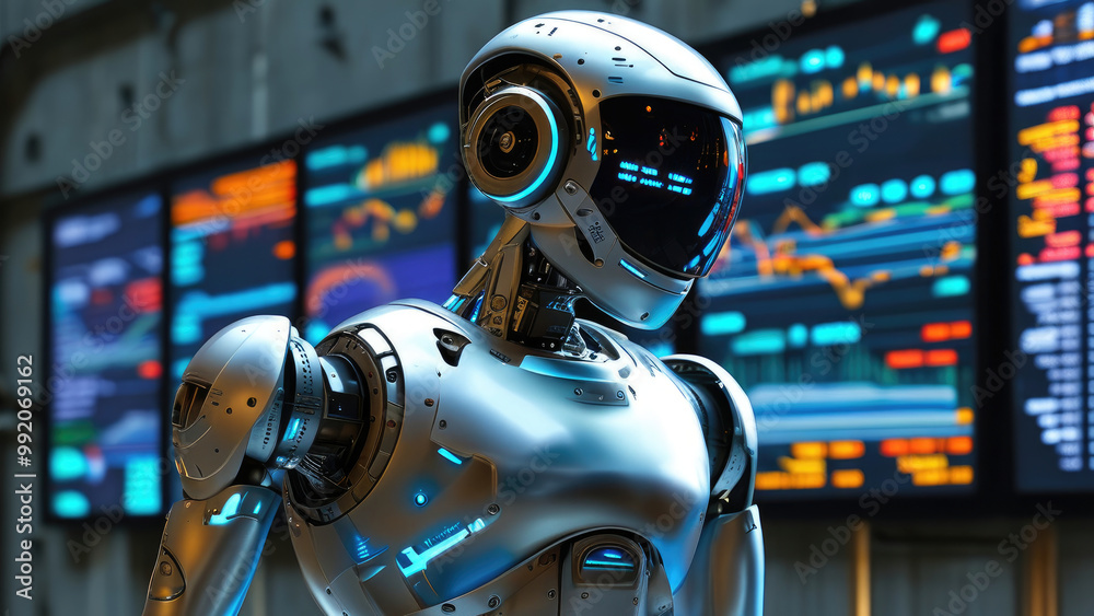 Futuristic Robot Standing Amidst Screens Displaying Financial Data Futuristic Robot Standing Amidst Screens Displaying Financial Data
