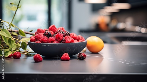 Nance fruits scattered across sleek black countertop highend kitchen bright flowers modern decor softly blurred behind promoting sophistication natures abundance Scientific name Byrsonima crassifolia photo