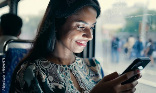 Peruvian Woman Engaged in Social Media During Commute