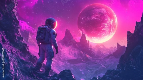 Human in retro spacesuit exploring a neon-lit alien landscape