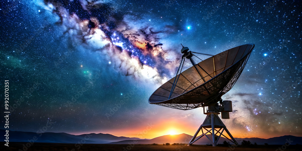 Large satellite dish tracking stars in the night sky for search of extraterrestrial life, telescope, satellite Large satellite dish tracking stars in the night sky for search of extraterrestrial life, telescope, satellite
