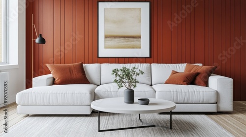 Round coffee table near white corner sofa with terra cotta cushions near paneling wall with art poster Scandinavian home interior design of modern living room