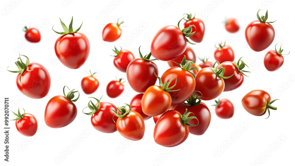 tomatoes with green leaves falling in the air isolated on transparent background png tomatoes with green leaves falling in the air isolated on transparent background png