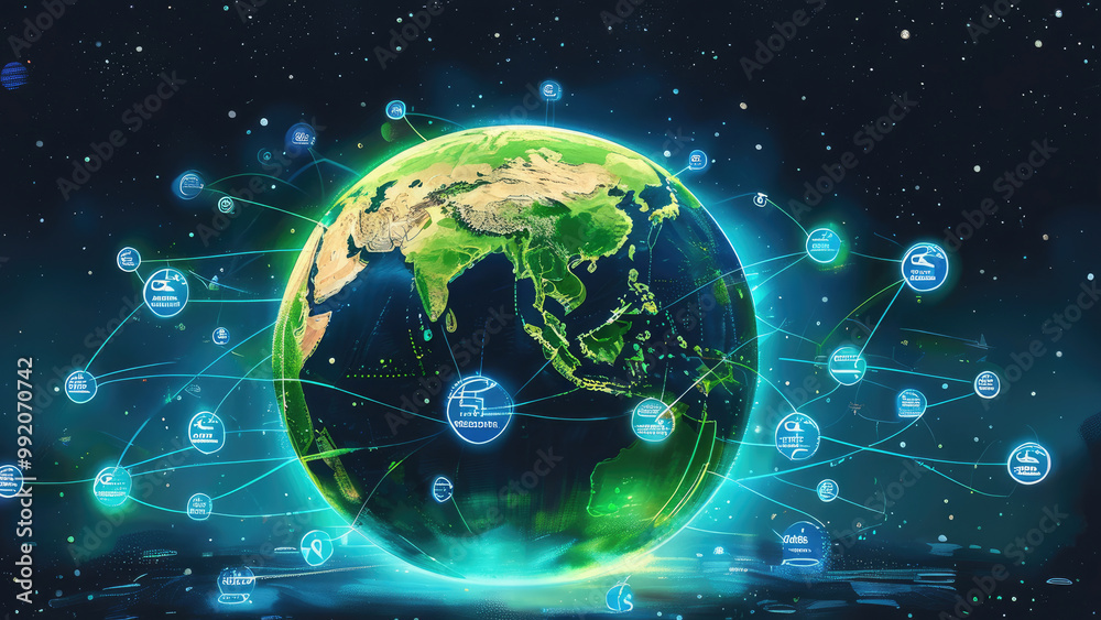 Obraz premium Earth Enveloped by Interconnected Banks: A Global Financial Network