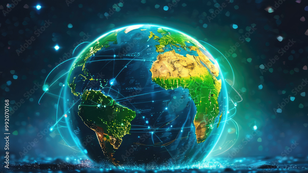 Fototapeta premium Earth Enveloped by Interconnected Banks: A Global Financial Network