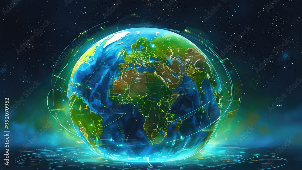 Fototapeta premium Earth Enveloped by Interconnected Banks: A Global Financial Network