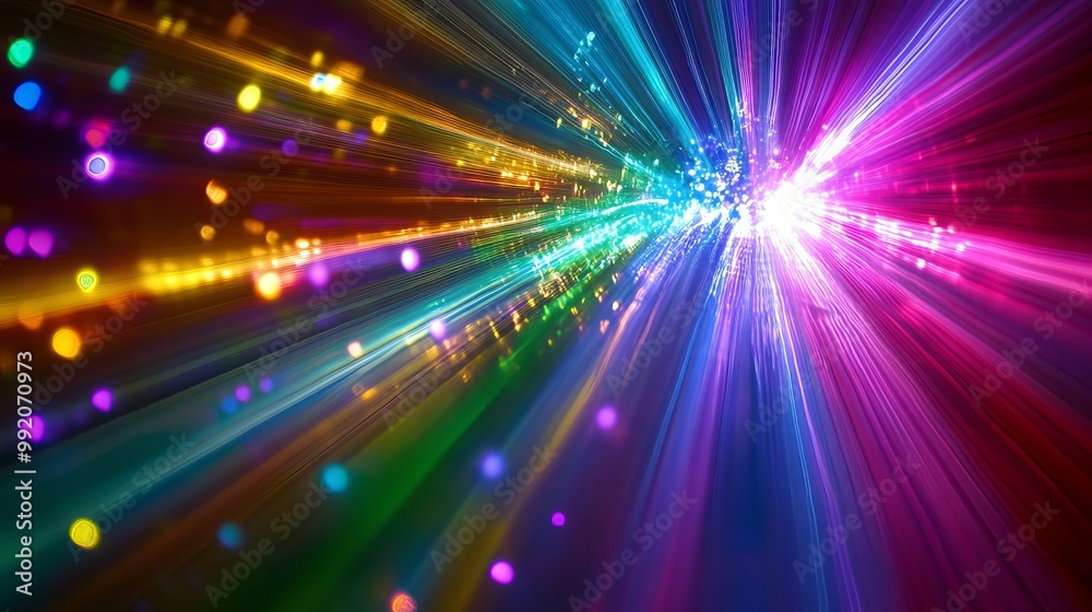 Colorful beams of laser light cascade downwards, creating a captivating display. Colorful beams of laser light cascade downwards, creating a captivating display.