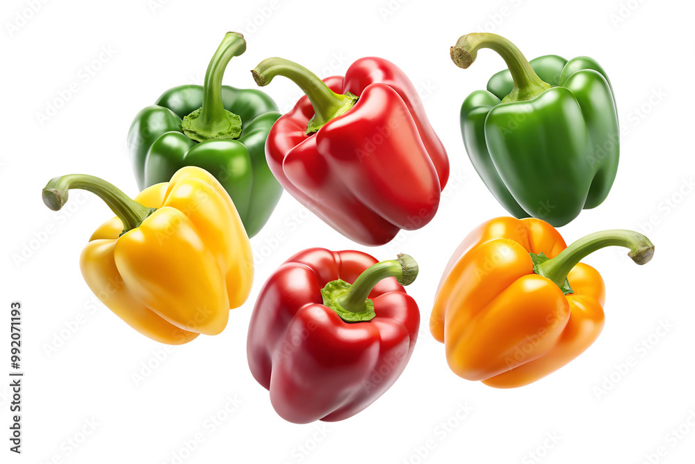 Red and green bell peppers isolated on a transparent PNG background.
Red and green bell peppers isolated on a transparent PNG background.