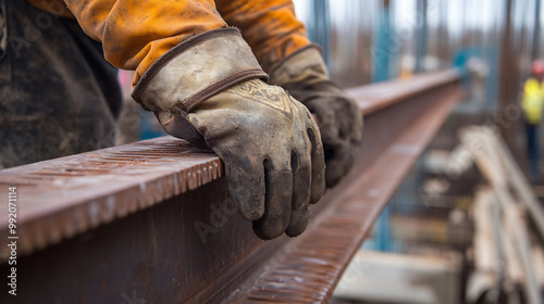 Construction Worker Installing Steel Beams on Site