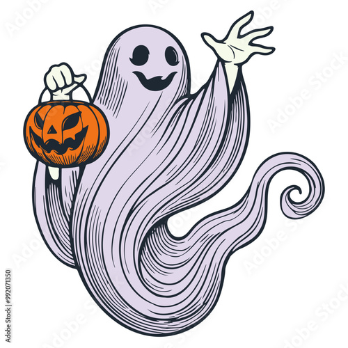 Ghost Holding Carved Jack-o'-Lantern Pumpkin. Halloween Themed Cartoon of Friendly Ghost in a Flowing Cloak with a Pumpkin. Vector Illustration Isolated on White. Spooky Halloween Design
