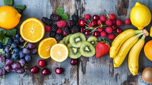 Colorful summer fruits: bananas, grapes, cherries, lemons, oranges, apricots, apples, blackberries, raspberries, blueberries, strawberries, kiwi, and plums. These are all healthy foods. photo