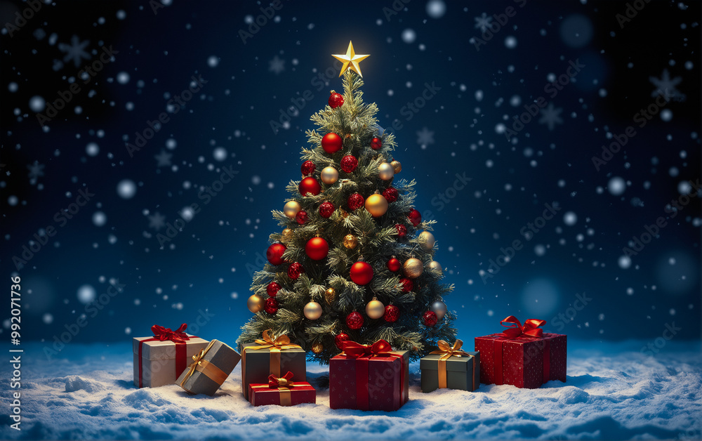 Obraz premium Christmas tree with gifts and falling snowflakes against dark blue background