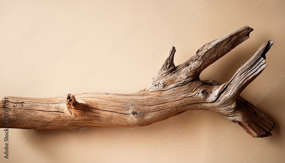 Naklejka premium Old dry wooden stump on beige background