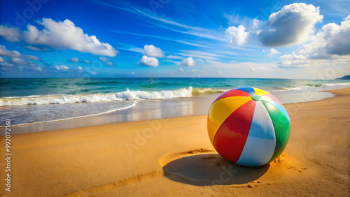 A vibrant, inflatable beach ball on sandy shore, beach, ball, summer, fun, colorful, toy, outdoor, recreation, leisure