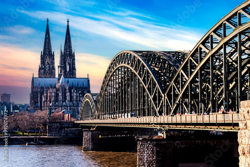 Cologne (Koln) in North Rhine Westphalia region of Germany, Cologne Cathedral and Hohenzollern Bridge over the Rhine River.