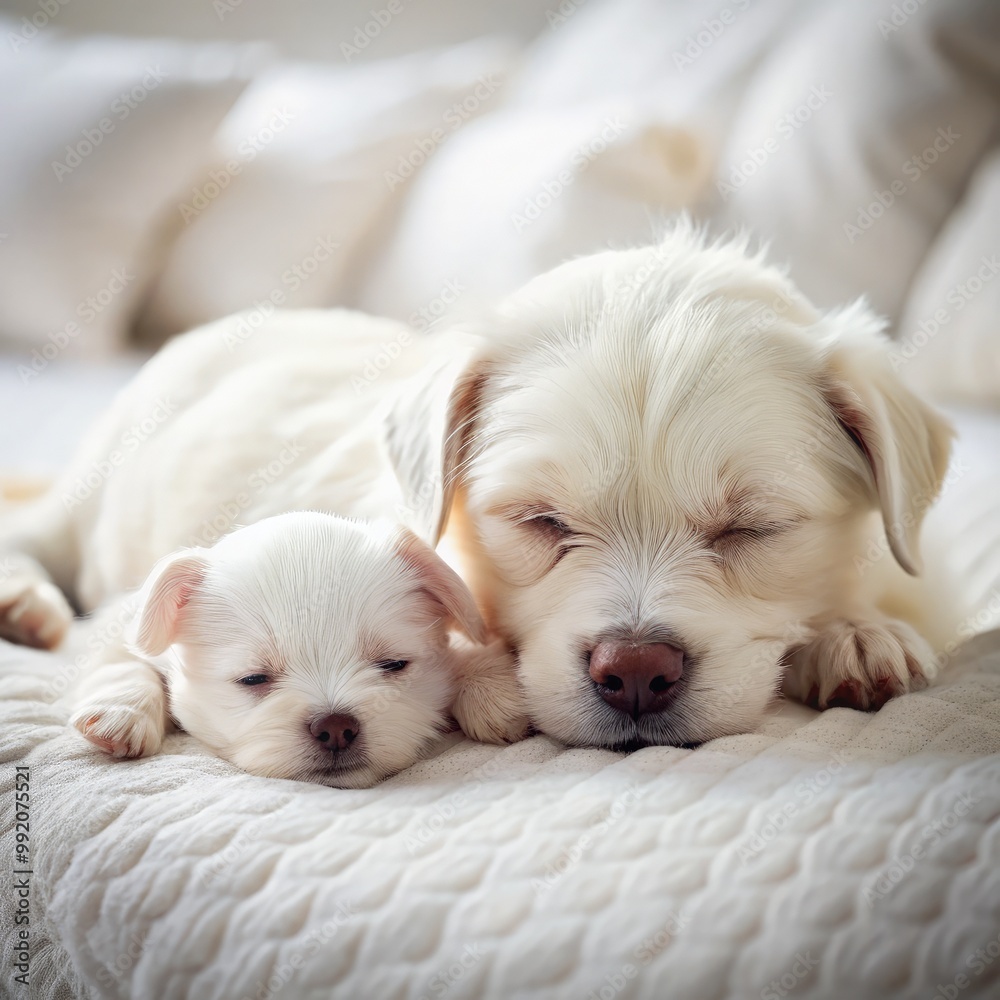 Cute white puppy sleeping peacefully with its mom on a cozy bed in the morning. Generative AI Cute white puppy sleeping peacefully with its mom on a cozy bed in the morning. Generative AI
