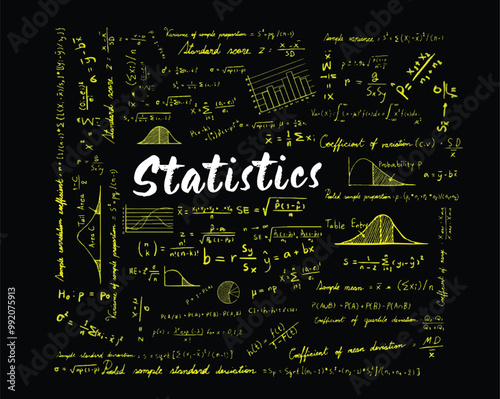 Statistics math law theory and mathematical formula equation doodle chalk handwriting icon with graph chart and diagram in the background